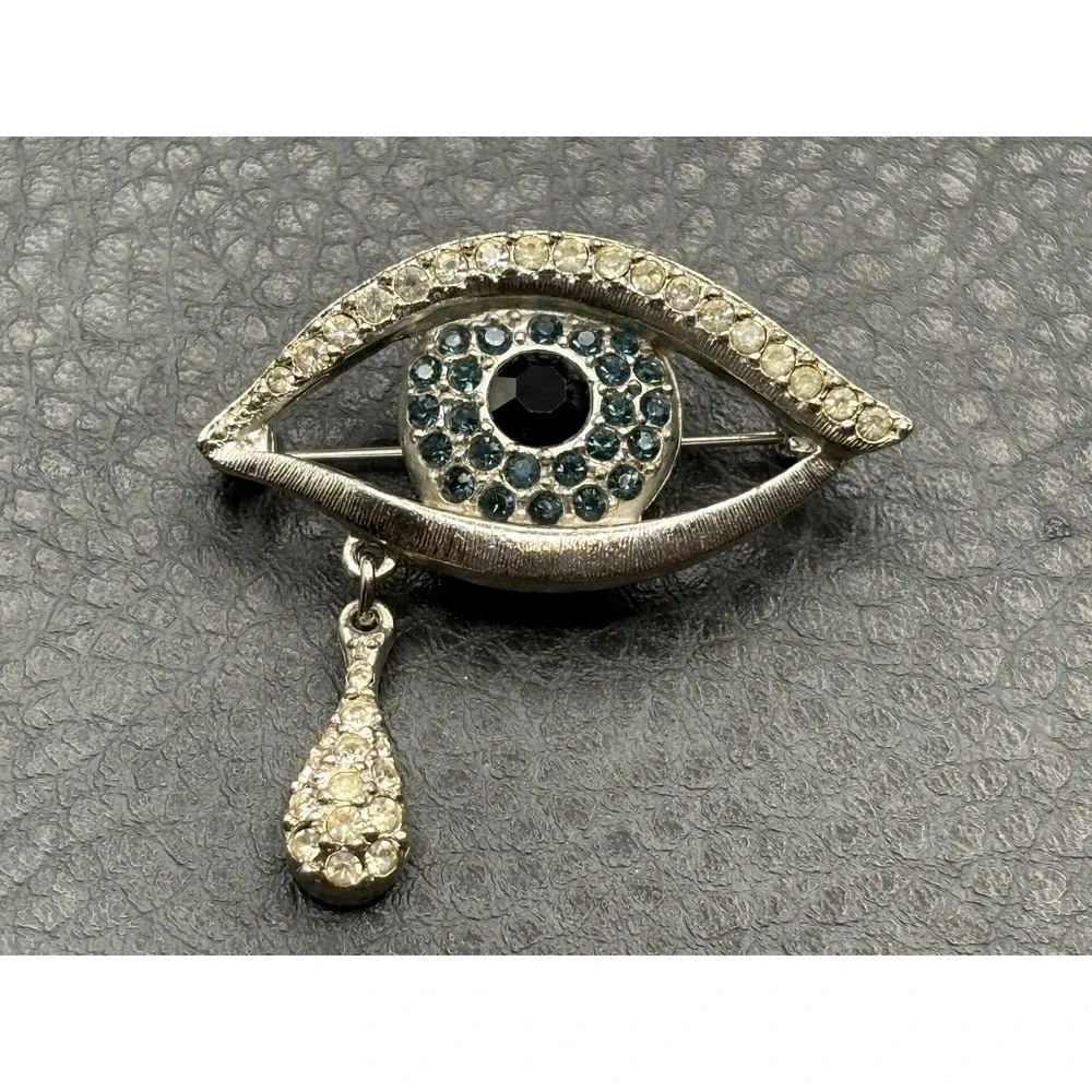 Vintage Crystal Eye Teardrop Crying Brooch Silver Tone Black Blue Rhinestone Pin